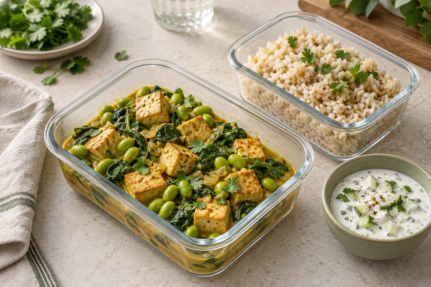 Tofu and edamame curry in a glass container beside separately packed rice and yogurt