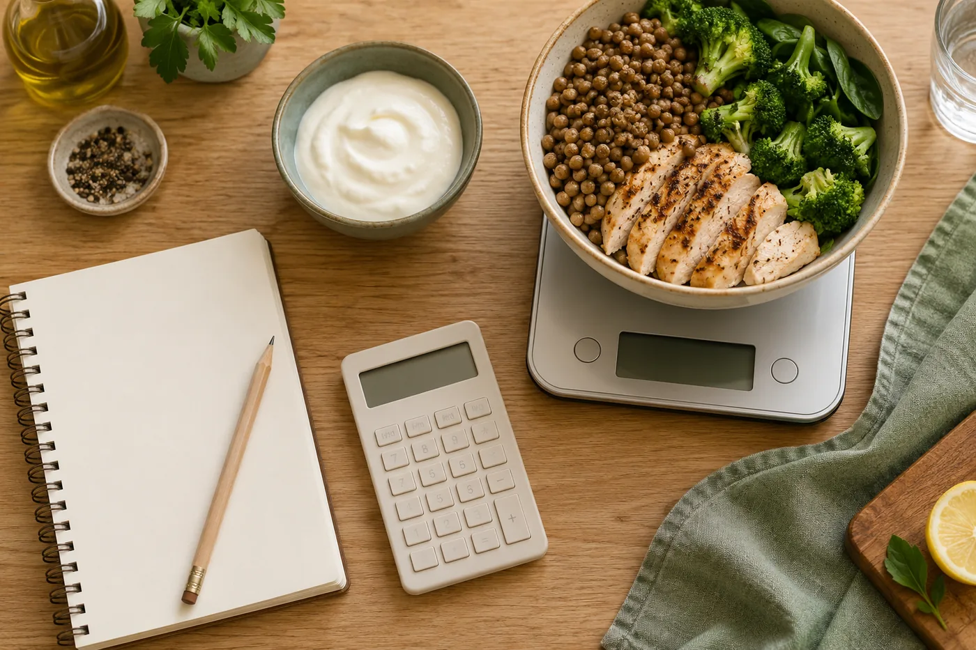 A calculator, planning notebook, kitchen scale and protein-rich meal on a pale wooden table