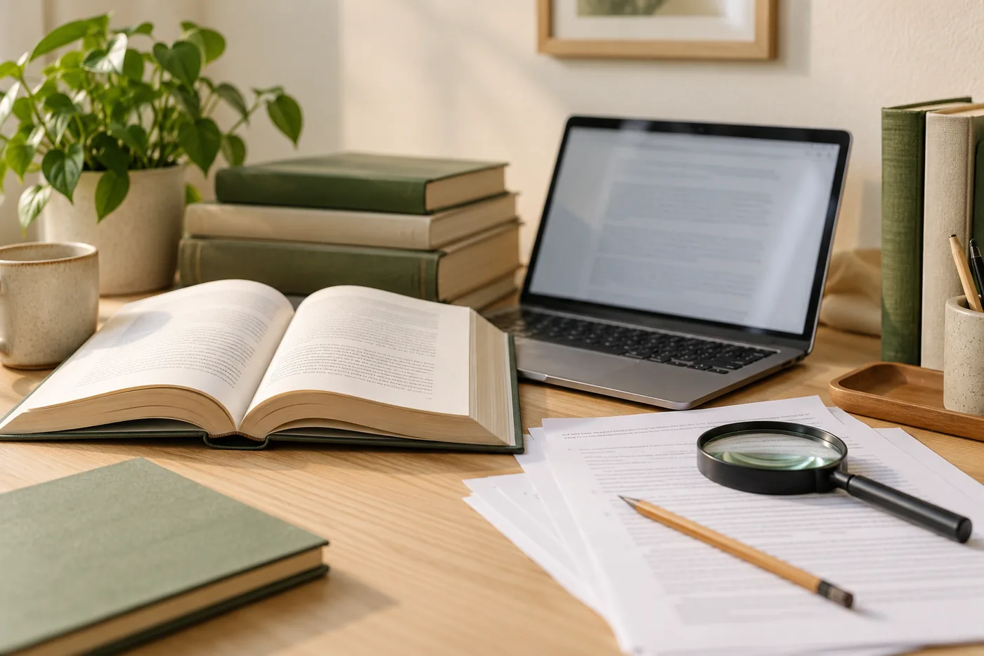 Reference books, research papers and a magnifying glass beside a laptop on a reading desk
