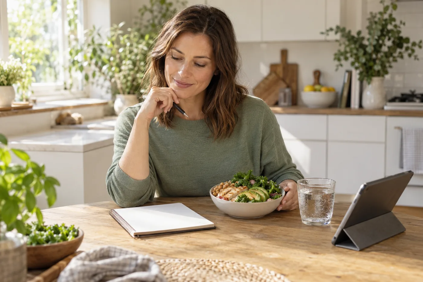 A reader comparing her notebook and tablet beside a vegetable and protein lunch at a kitchen table