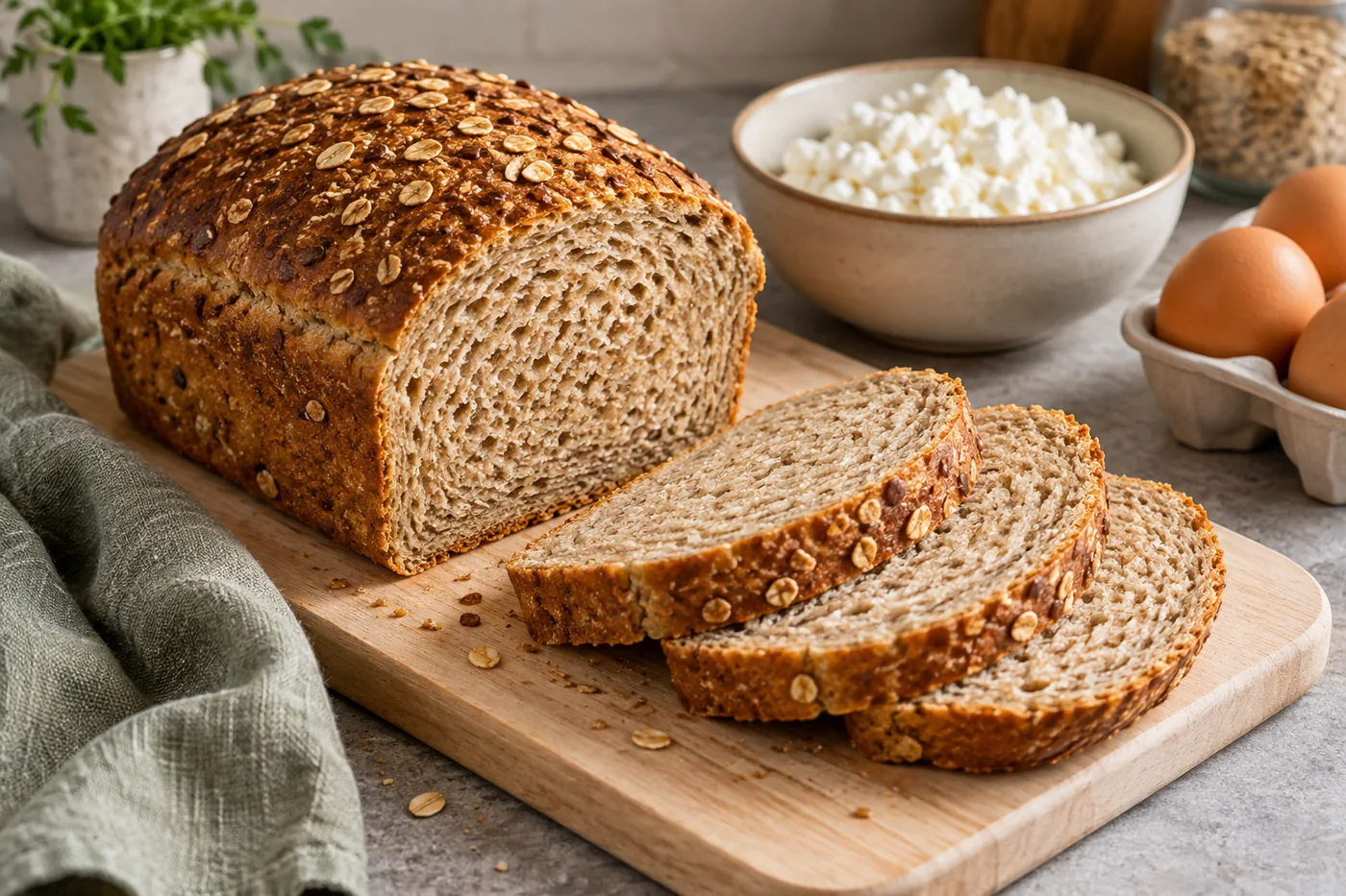 Homemade whole-wheat bread with three slices on a wooden board