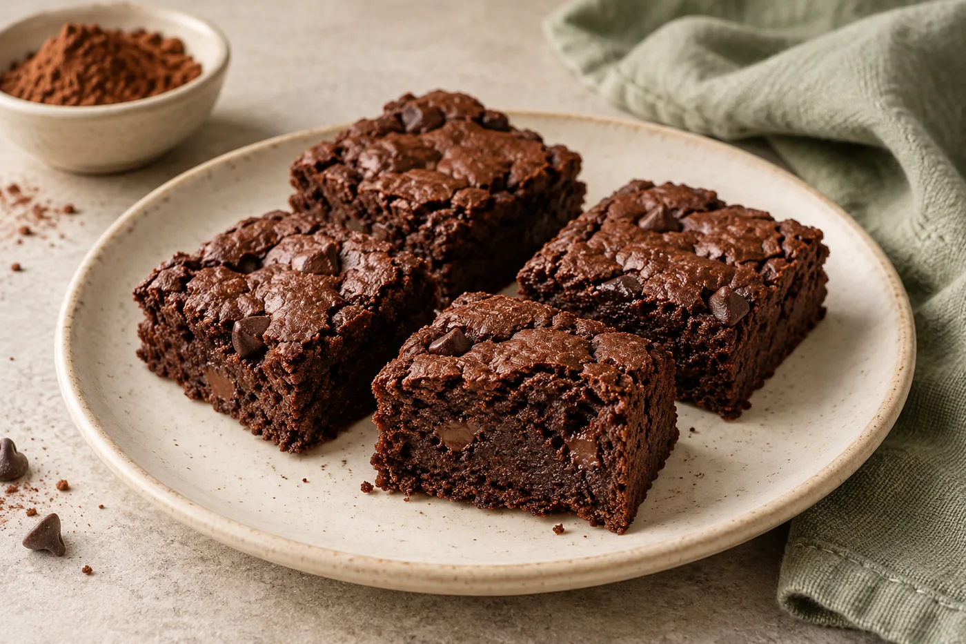 Small chocolate brownies with a moist cocoa and oat flour crumb