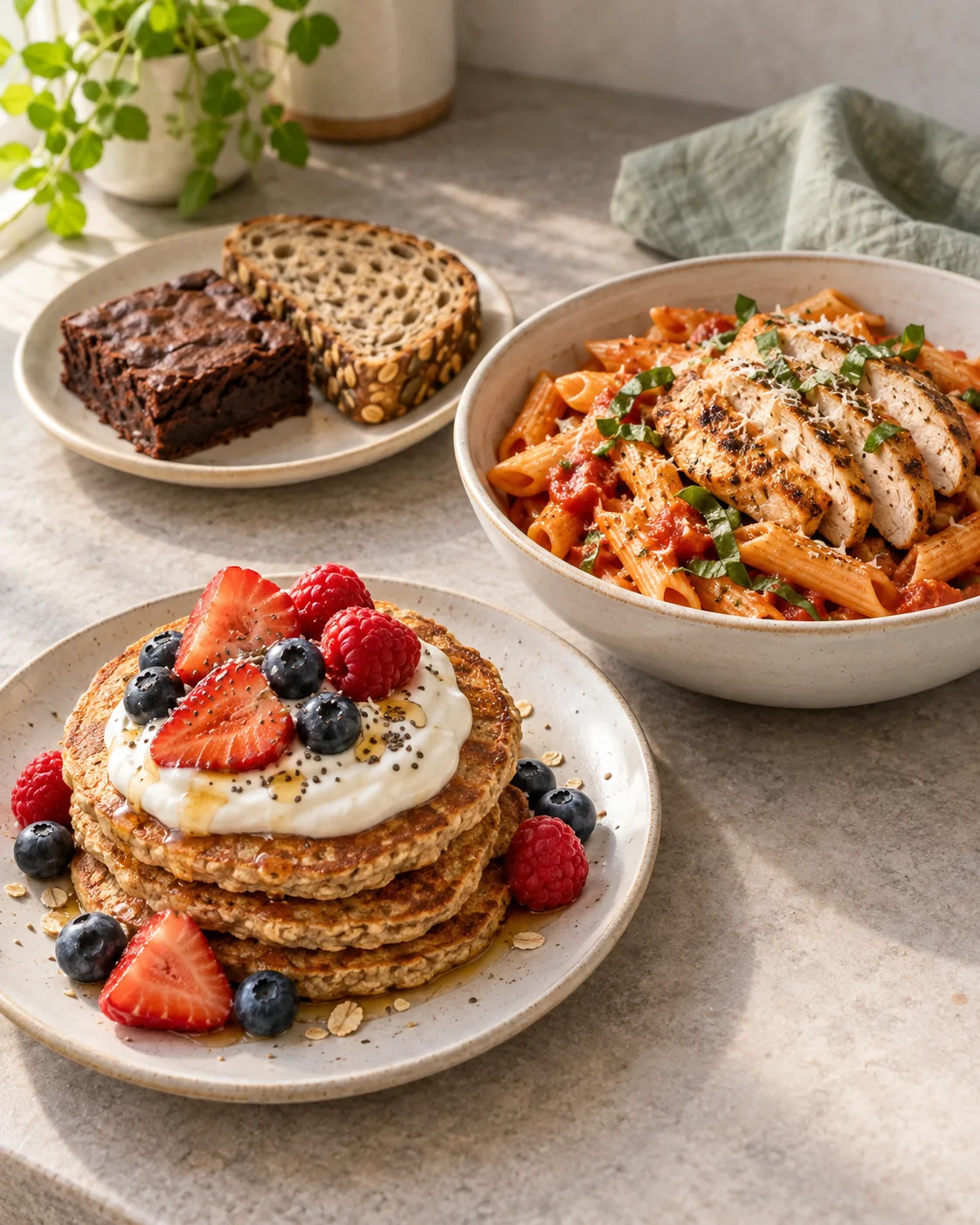Pancakes, chicken pasta, a brownie and homemade bread on a welcoming kitchen counter
