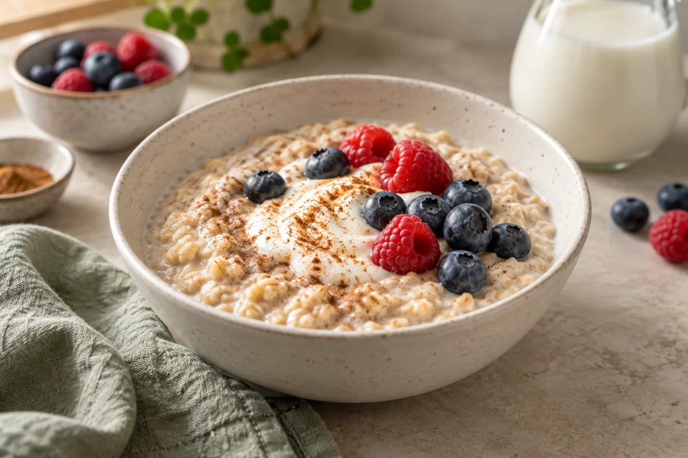 Creamy rolled oats with a Greek yogurt swirl and fresh berries