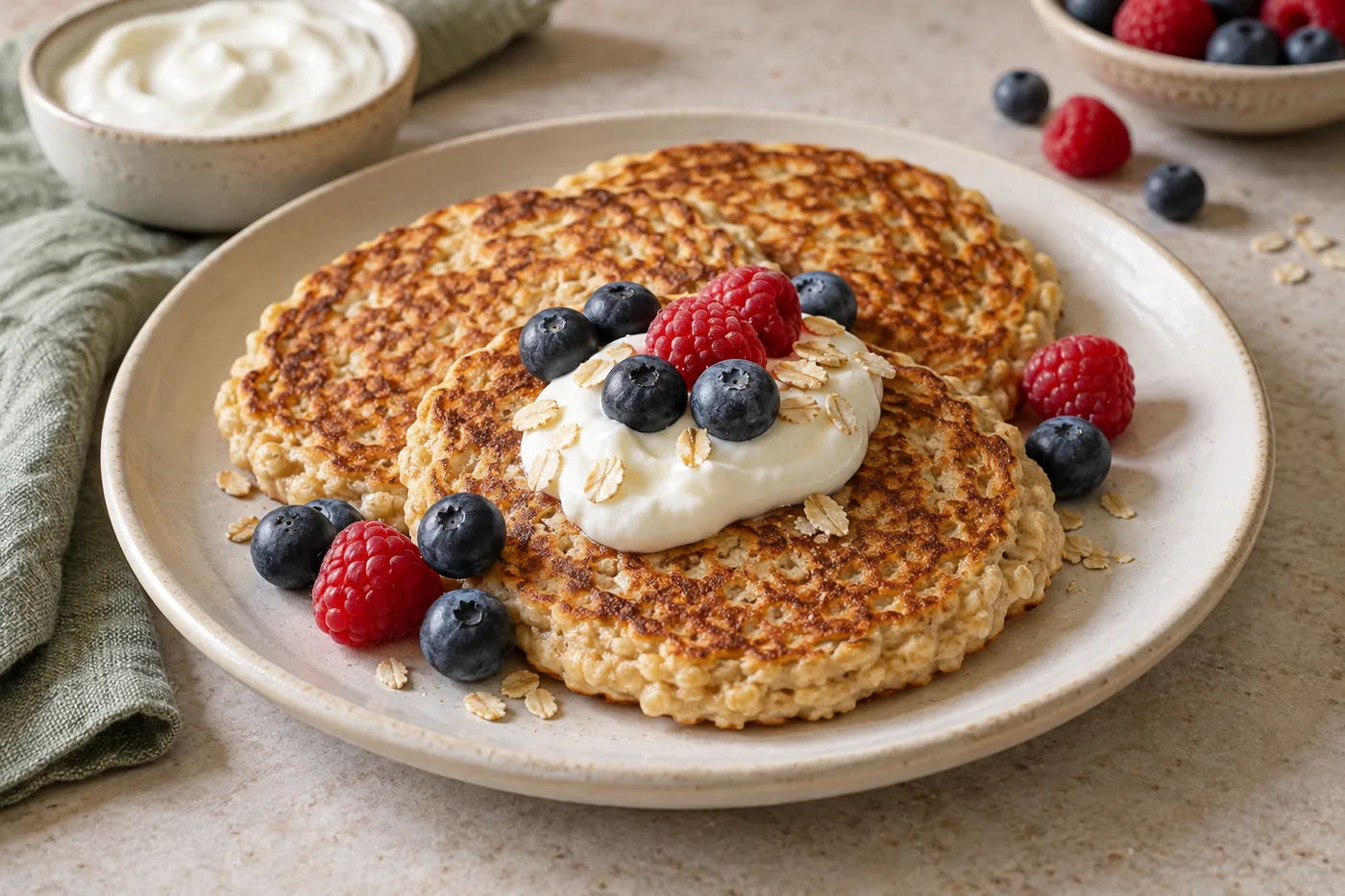 Golden oat pancakes topped with Greek yogurt and fresh berries