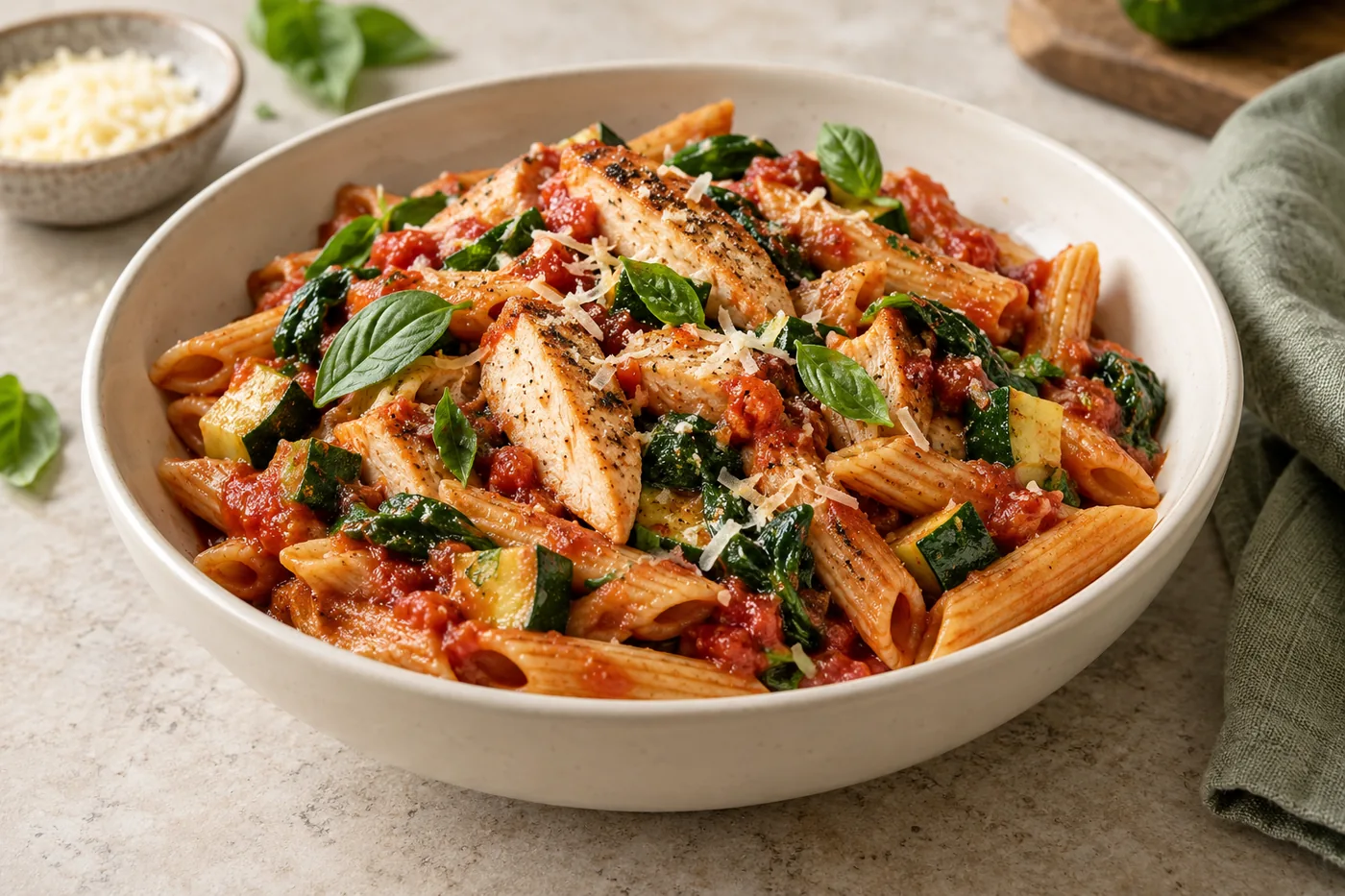 Tomato chickpea pasta with cooked chicken, vegetables and basil