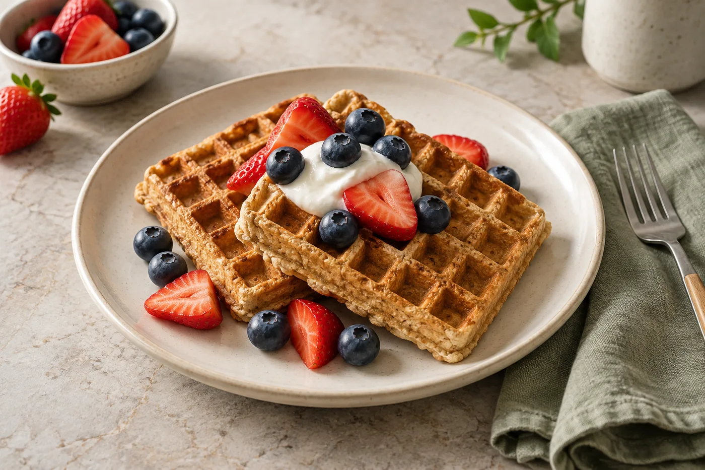 Crisp golden waffles with yogurt, strawberries and blueberries
