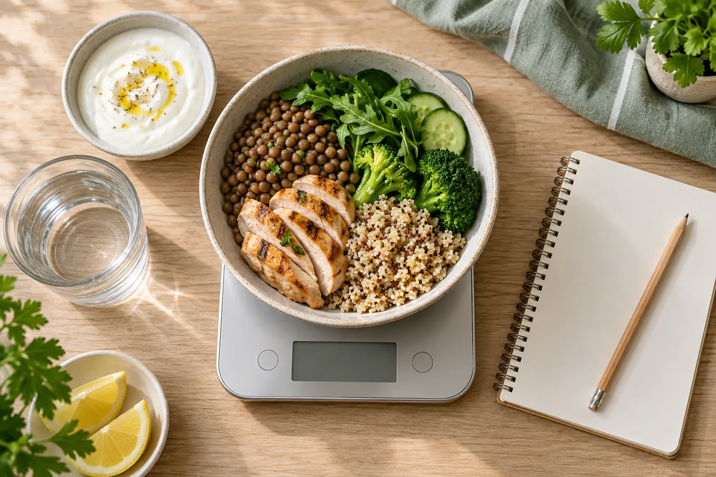 A protein-rich meal on a kitchen scale beside a notebook and glass of water