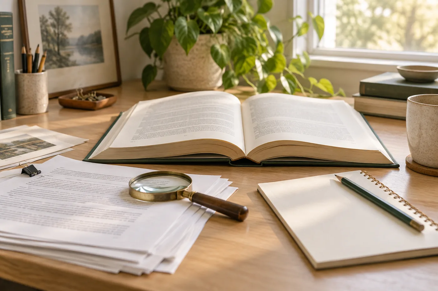 Reference books, source papers and a magnifying glass arranged on a reading desk