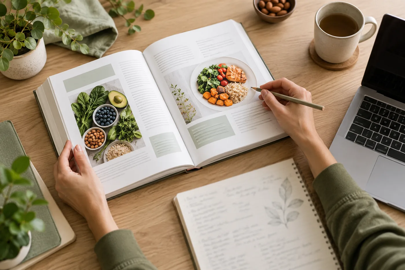 Hands comparing nutrition reference material and notes beside a laptop