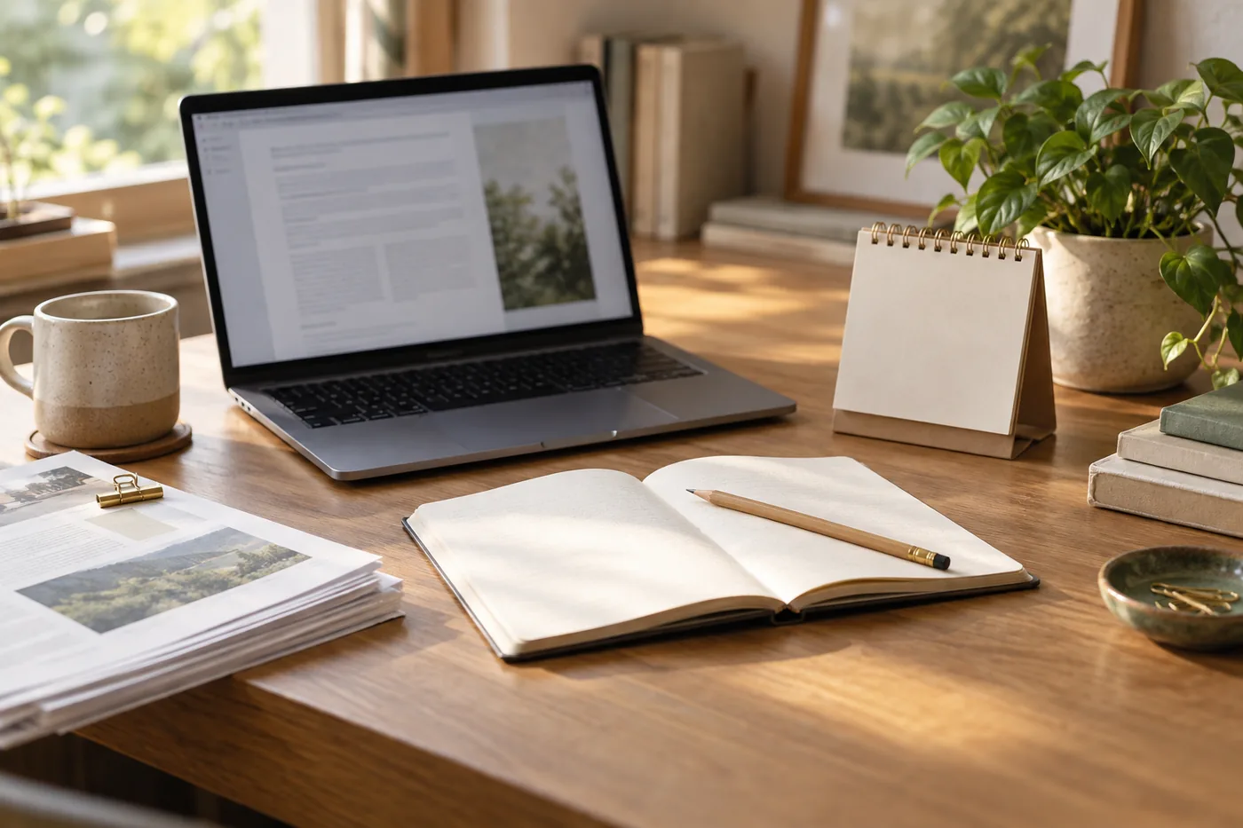 A laptop, blank calendar, notebook and reference papers ready for a content review