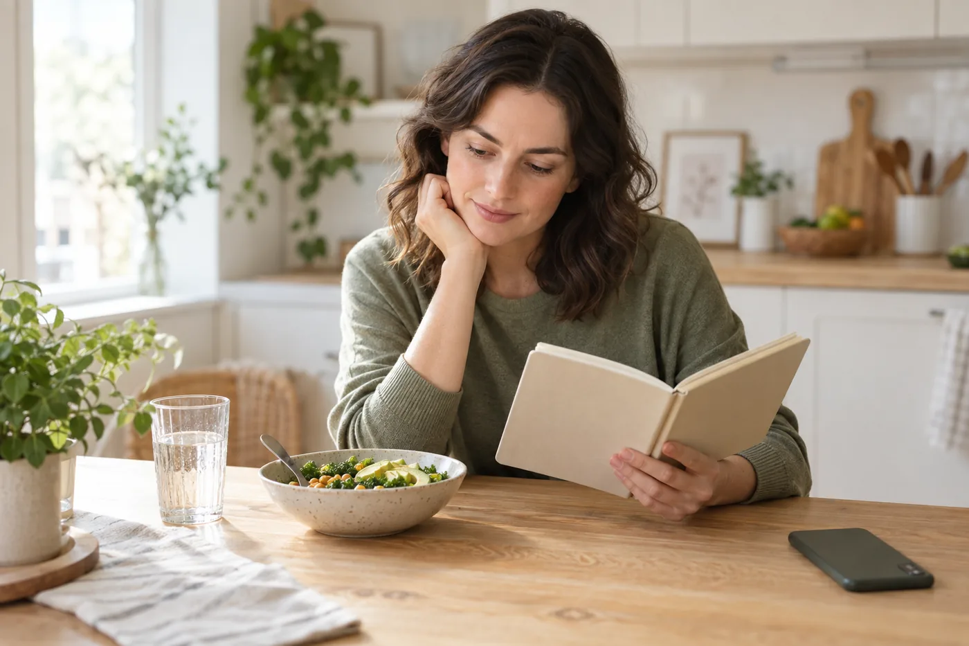 A reader thoughtfully considering her notes beside a lunch bowl and water in a bright kitchen