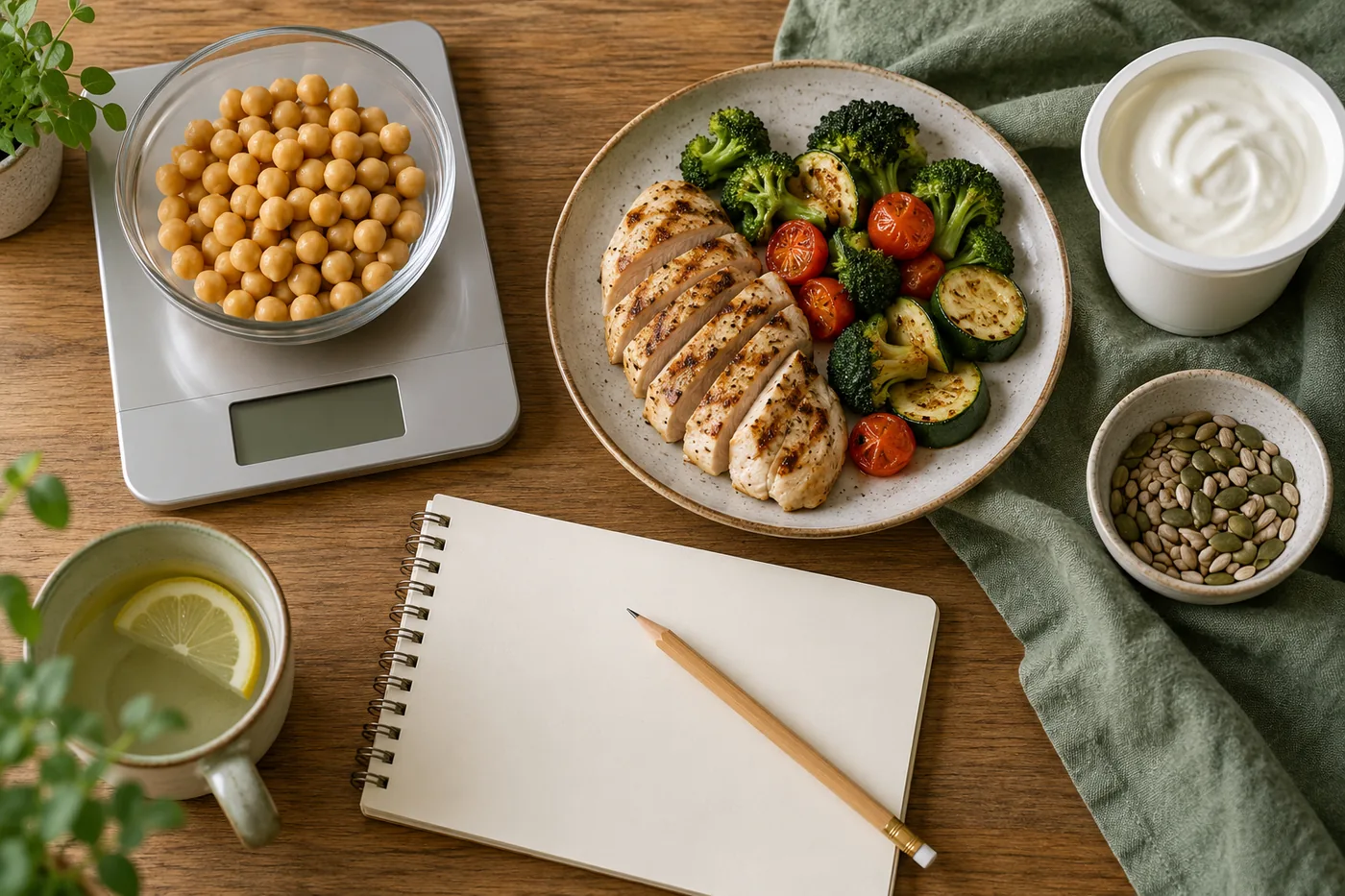 Protein foods, a kitchen scale and a blank notebook for reviewing food values and portions